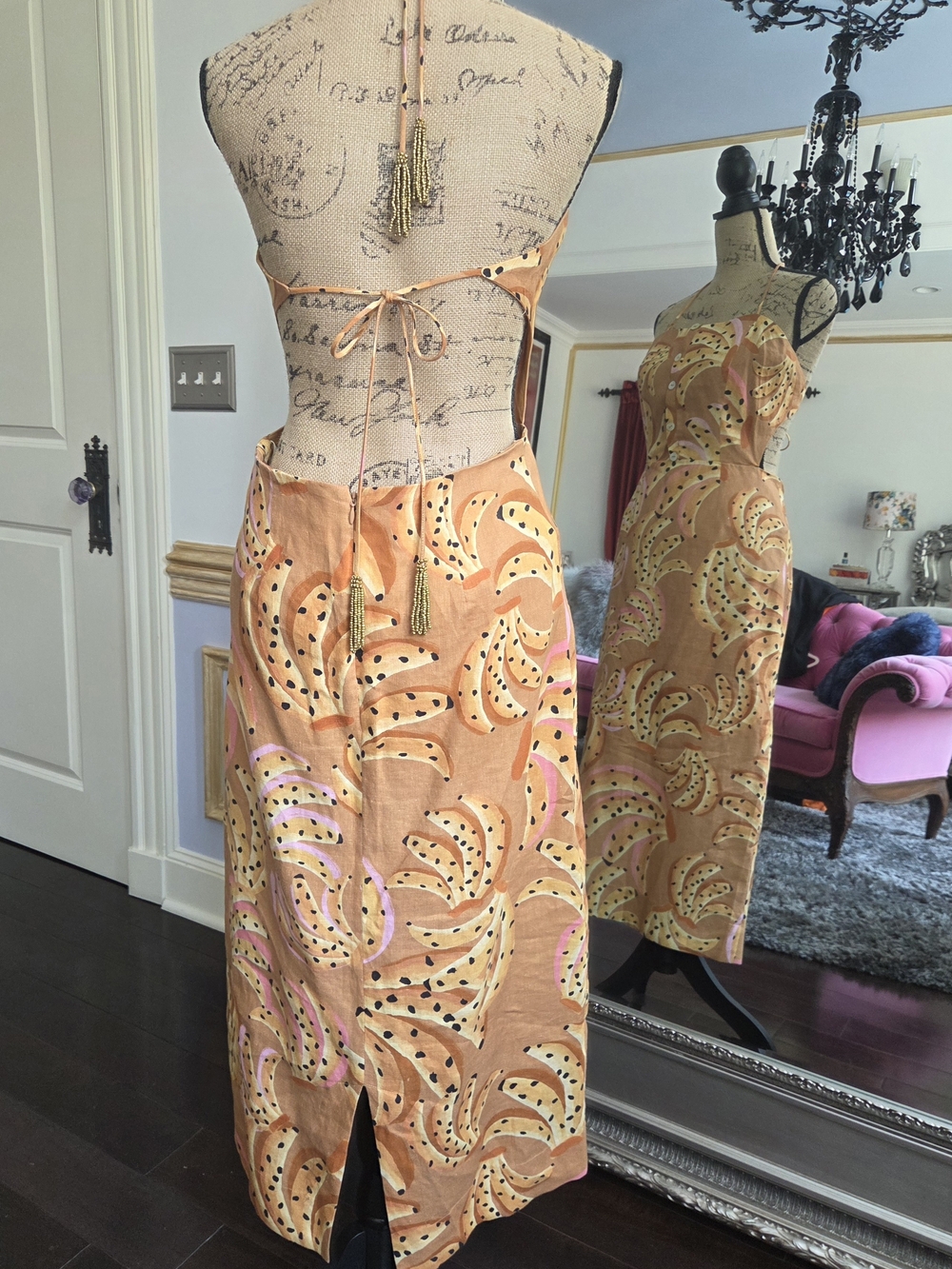 FARM Rio Peach Halter Midi Dress with Pink & Cream Accents M - Picture 4 of 9